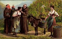 Frauen bei der Weinlese, Esel, Mönche, Weinberg