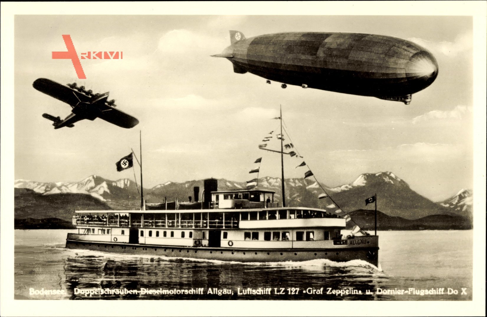 Bodensee, Doppelschraubenmotorschiff Allgäu, Luftschiff LZ 127 Graf Zeppelin, Dornier Flugschiff