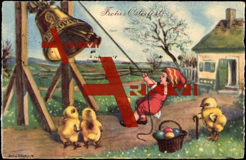 Glückwunsch Ostern, Junge läutet Glocke, Küken, Eier