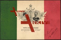 Helene und Victor Emanuel von Italien, Marcia Reale Italiana, Musiknoten, intaliensche Flagge im Hintergrund, Flagge