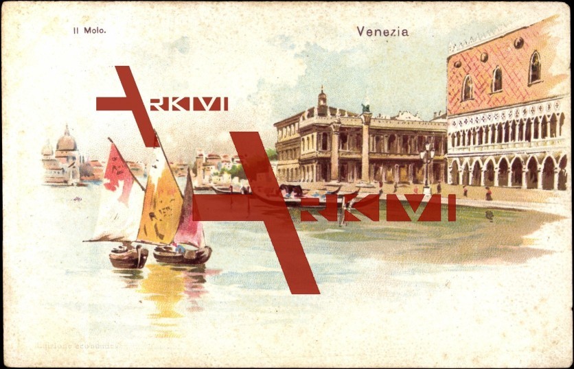 LItho Venedig, Il Molo, Gondeln, Segelboote, Häuser