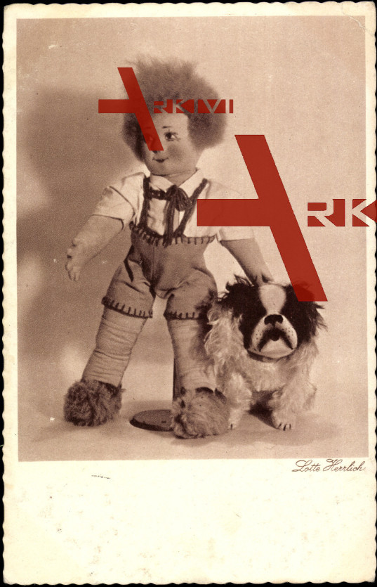 Puppe in Lederhosen mit Plüschhund, Lotte Herrlich