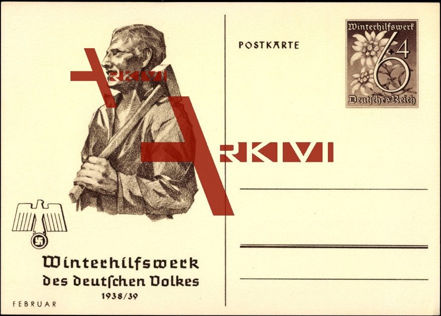 Postkarte des Winterhilfswerks 38/39, Abbildung eines Arbeiters mit Reichsadler und HK
