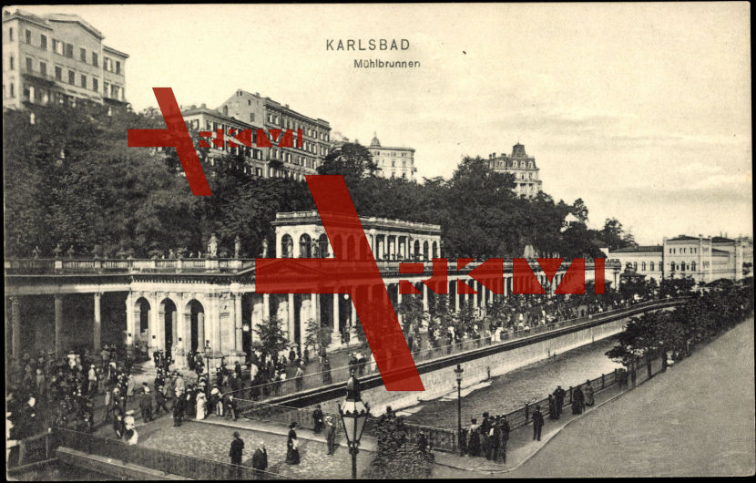 Karlsbad, Blick auf Leute am Mühlbrunnen, Häuser