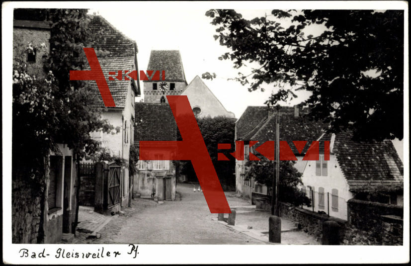 Gleisweiler, Straße, Wohnhäuser,Kirchturm,Gänse