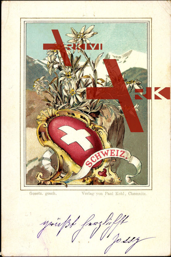 Wappen , Schweizer Wappen vor Edelweiß und Bergen