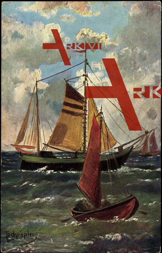 Schröpler, L., Segelschiffe und Boot, Meer