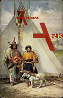 Indian with Squaw, Tipis, White Pull Dog