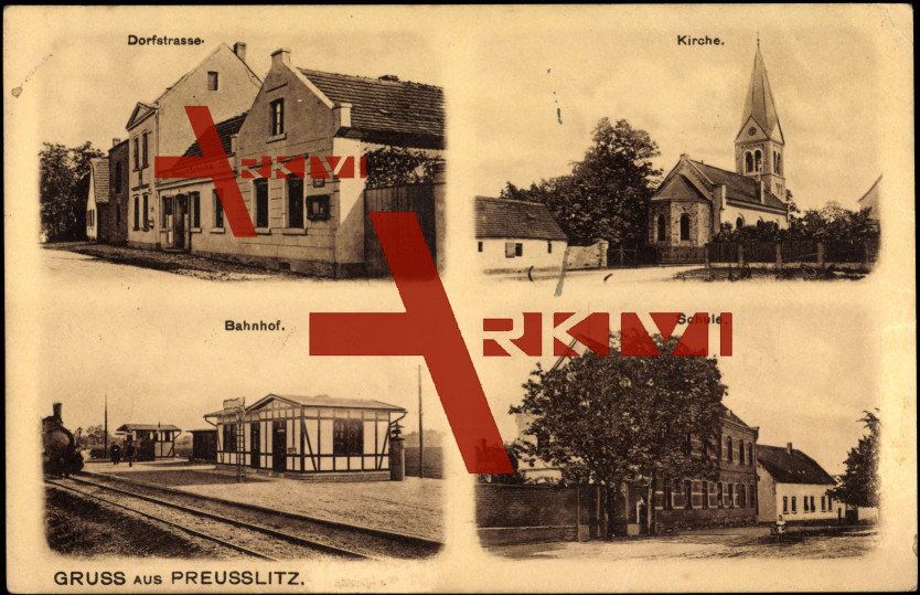 Preusslitz, Dorfstraße, Kirche, Bahnhof, Schule