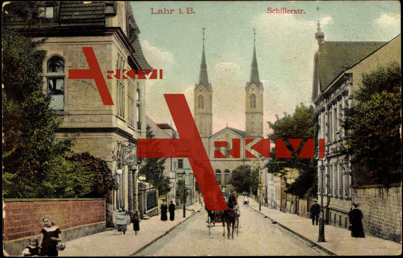 Lahr, Blick in die Schillerstraße, Kutsche, Kirche