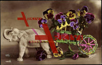 Elefant, Porzellanfigur, Wagen aus Stroh, Blumen