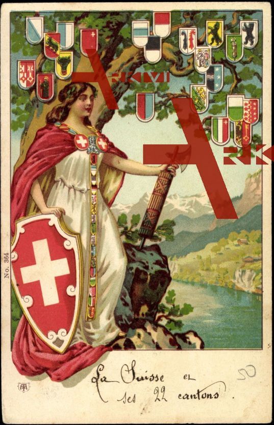 Wappen Schweiz, Helvetia mit Schild und Axt