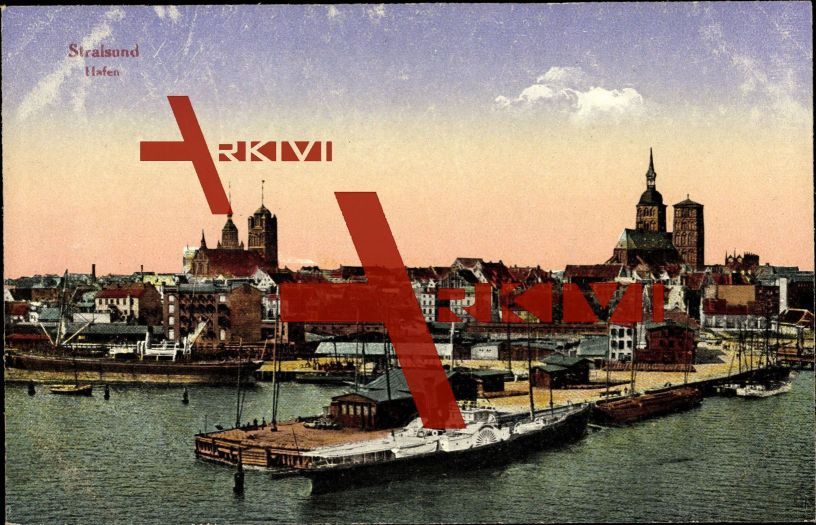 Stralsund, Blick auf den Hafen und die Stadt; ungelaufen, Albumspuren, sonst guter Zustand; PLZ 184