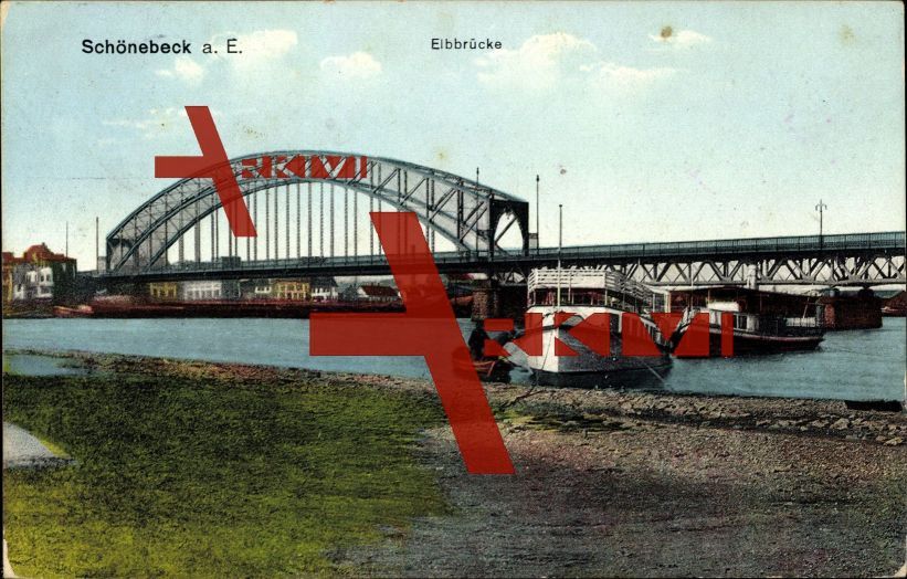 Schönebeck a.d. Elbe, Seitenansicht der Brücke, Ufer; gelaufen 1914, Ecken bestoßen, fleckig, sonst guter Zustand; PLZ 39218