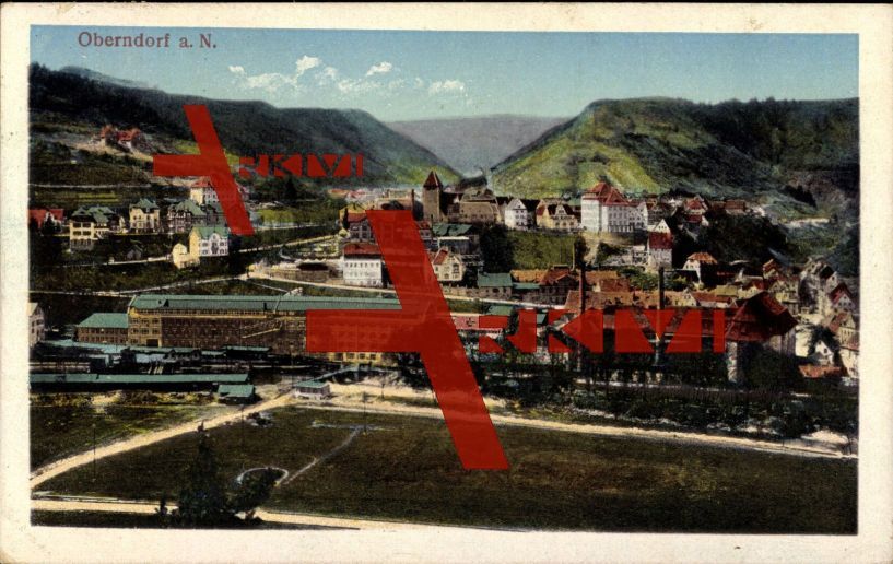 Oberndorf am Neckar, Blick zum Ort, Fabriken; gelaufen 1917, sehr guter Zustand; PLZ 78727