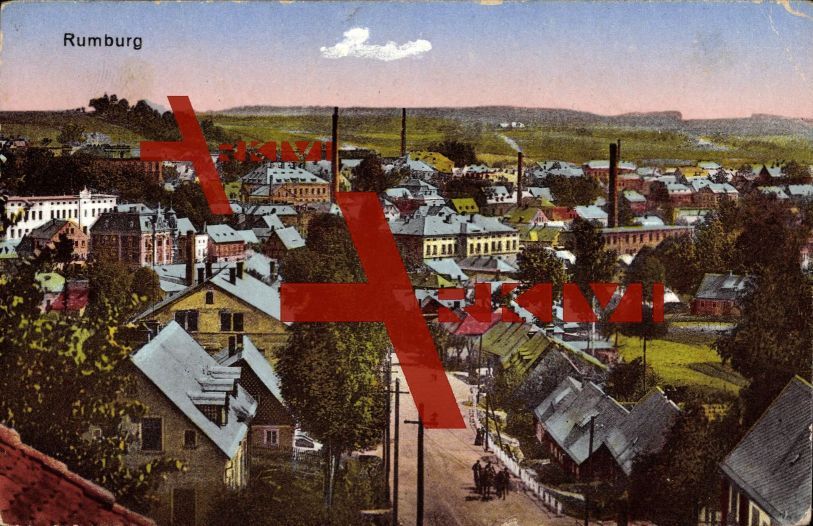 Rumburg Aussig, Blick auf die Ortschaft, Industrie; gelaufen 1925, Ecken bestoßen, Eckknick rechts oben, sonst guter Zustand