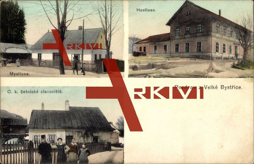 Velké Bystrice Olomoucký kraj, Hostinec, Myslivna; gelaufen 1913, sehr guter Zustand
