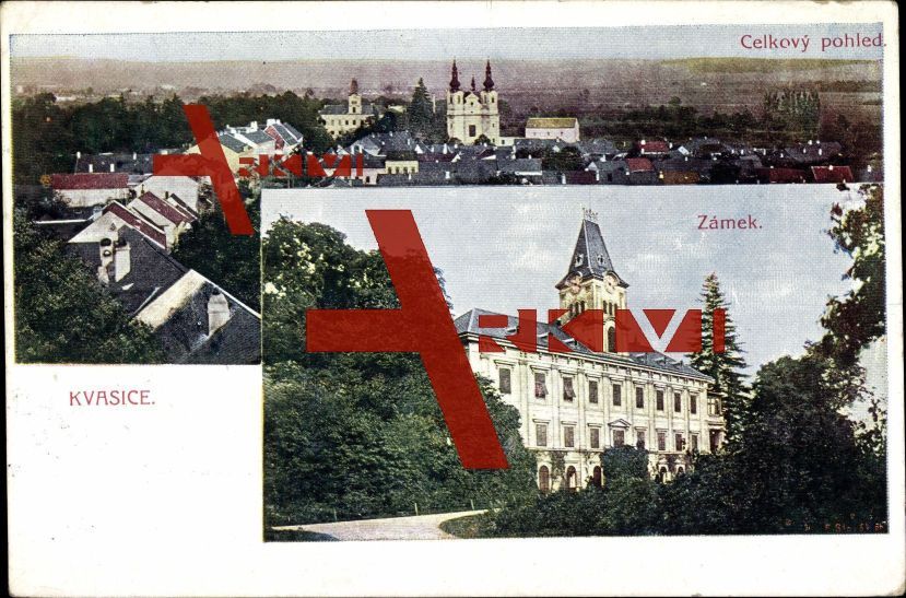 Kvasice, Zámek, Celkový pohled, Blick auf die Stadt; gelaufen 1924, sehr guter Zustand