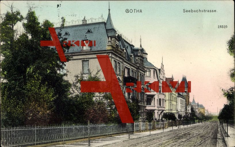 Gotha, Blick in die Seebachstrasse, Wohnhäuser; gelaufen 1907, Stempelspur, sonst guter Zustand; PLZ 99867