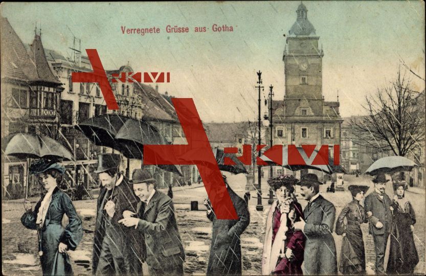 Gotha, Verregnete Grüße, Regenschirm, Platz; gelaufen 1905, sehr guter Zustand; PLZ 99867