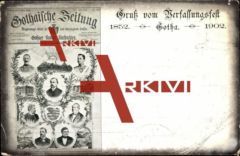 Zeitungs Gotha, Verfassungsfest 1902, Herzog Ernst; ungelaufen, Ecken bestoßen, fleckig, sonst guter Zustand