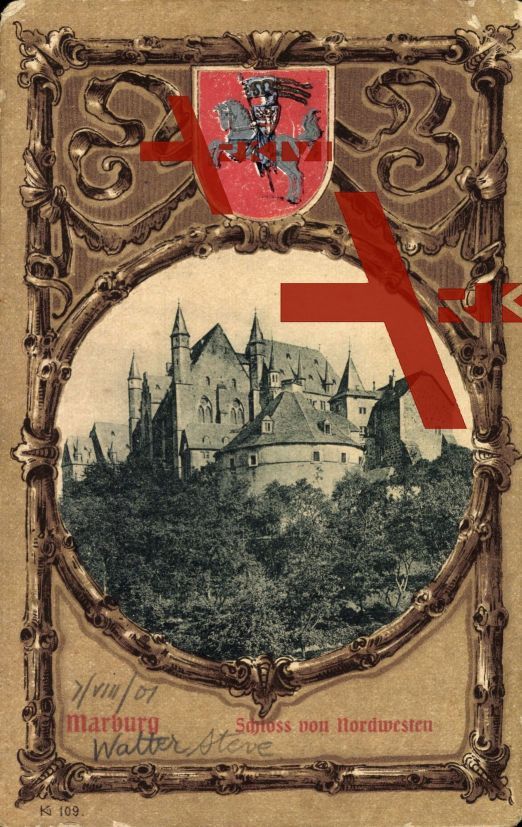 Passepartout Marburg, Ansicht des Schlosses, Wappen