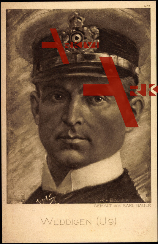 gezeichnetes Portrait von Kapitainleutnant Otto Weddigen, Kommandant von U 9 und U 29
