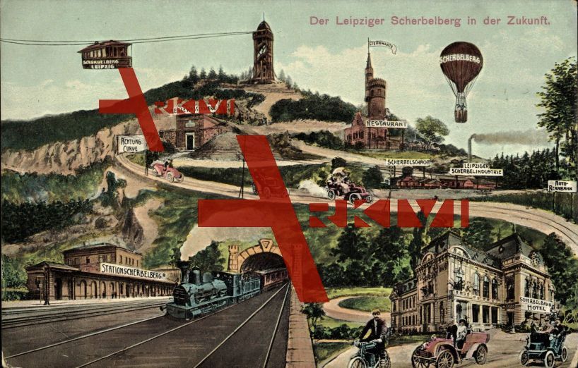 Zukunft Der Leipziger Scherbelberg, Heißluftballon,Autos,Dampflok,Schwebebahn