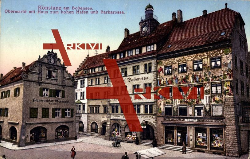 Konstanz Bodensee, Obermarkt mit Haus zum hohen Hafen und Barbarossa