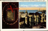 Havanna Kuba, Gedenktafel auf der Columbus Kathedrale und Blick auf Morro Castle