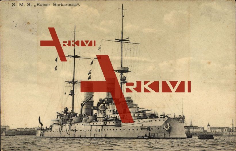 Kriegsschiff S.M.S. Kaiser Barbarossa im Hafen liegend