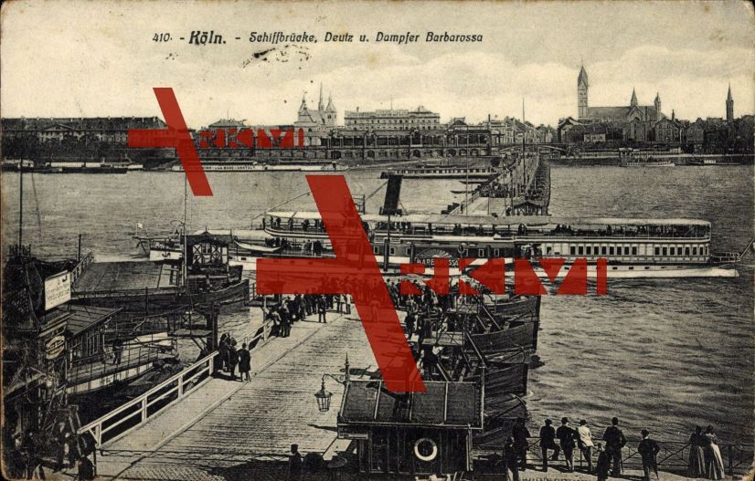 Köln, Schiffsbrücke, Deutz und Dampfer Barbarossa, Passagiere