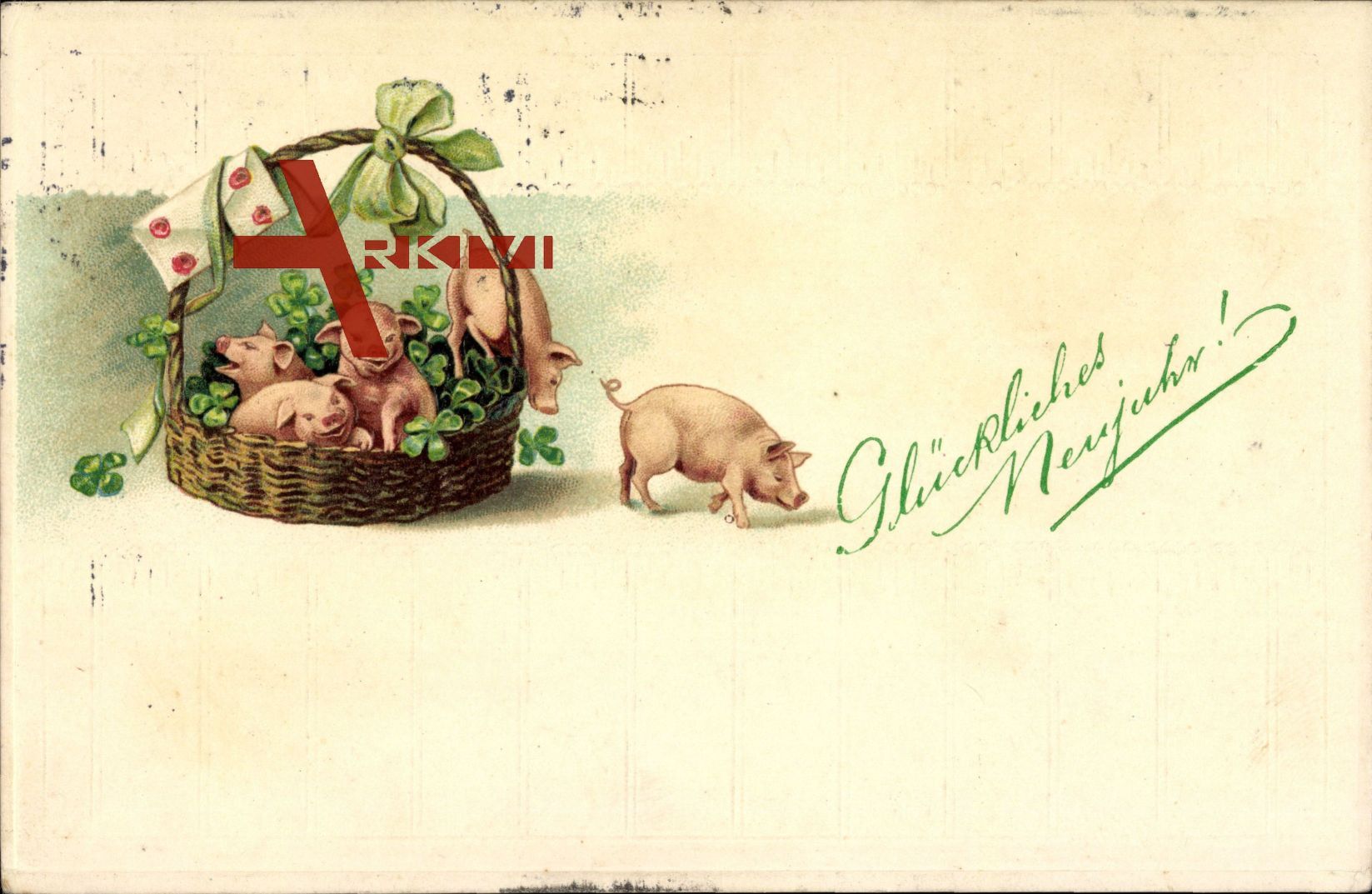 Glückliches Neujahr, Schweine, Kleeblätter, Korb
