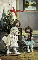 Glaedelig Jul, Zwei Mädchen mit Spielzeug, Weihnachtsbaum, Puppenwagen