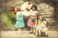 Glückwunsch Ostern, Drei Mädchen mit Osterei und Spielzeug