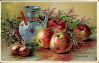 Glückwunsch Namenstag, Obst, Äpfel, Krug, Blumen