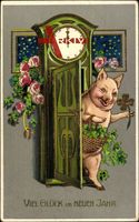 Glückwunsch Neujahr, Schwein mit Klee steigt aus der Standuhr