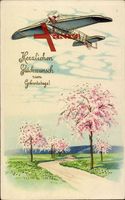 Glückwunsch Geburtstag, Flugzeug, Baumblüte, Frühling