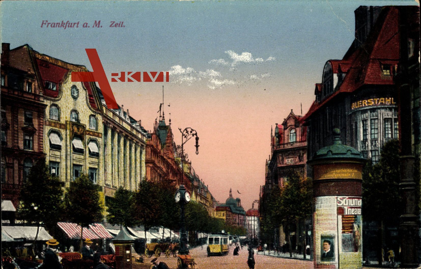 Frankfurt am Main, Partie auf der Zeil, Marktstände, Litfasssäule,Straßenbahn