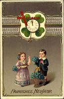Glückwunsch Neujahr, Vergißmeinicht, Uhr mit Kleeblättern