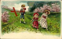 Vier Kinder auf einer Wiese, Frühling, Bunte Kleider