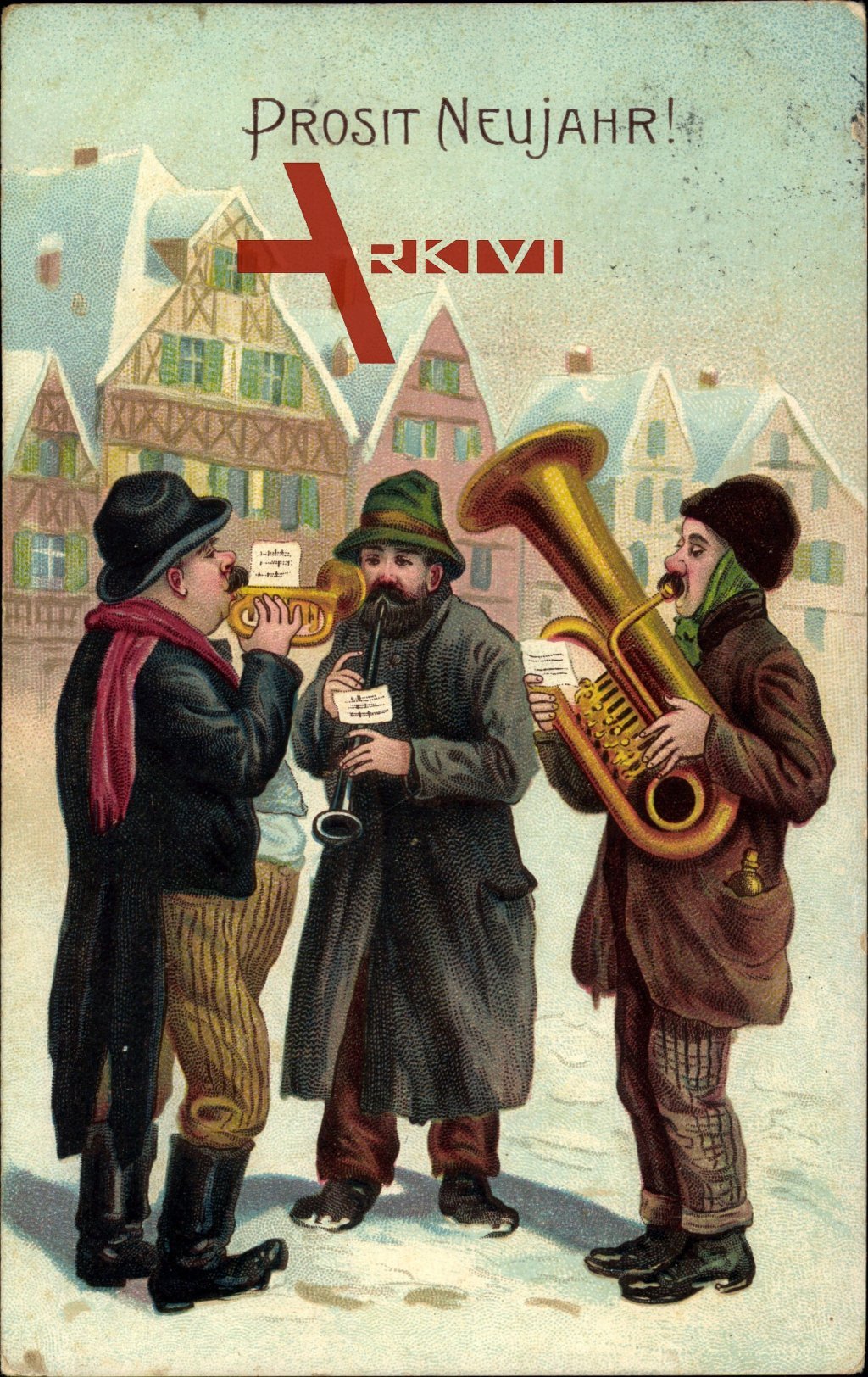 Glückwunsch Neujahr, Drei Männer, Musikinstrumente, Tuba