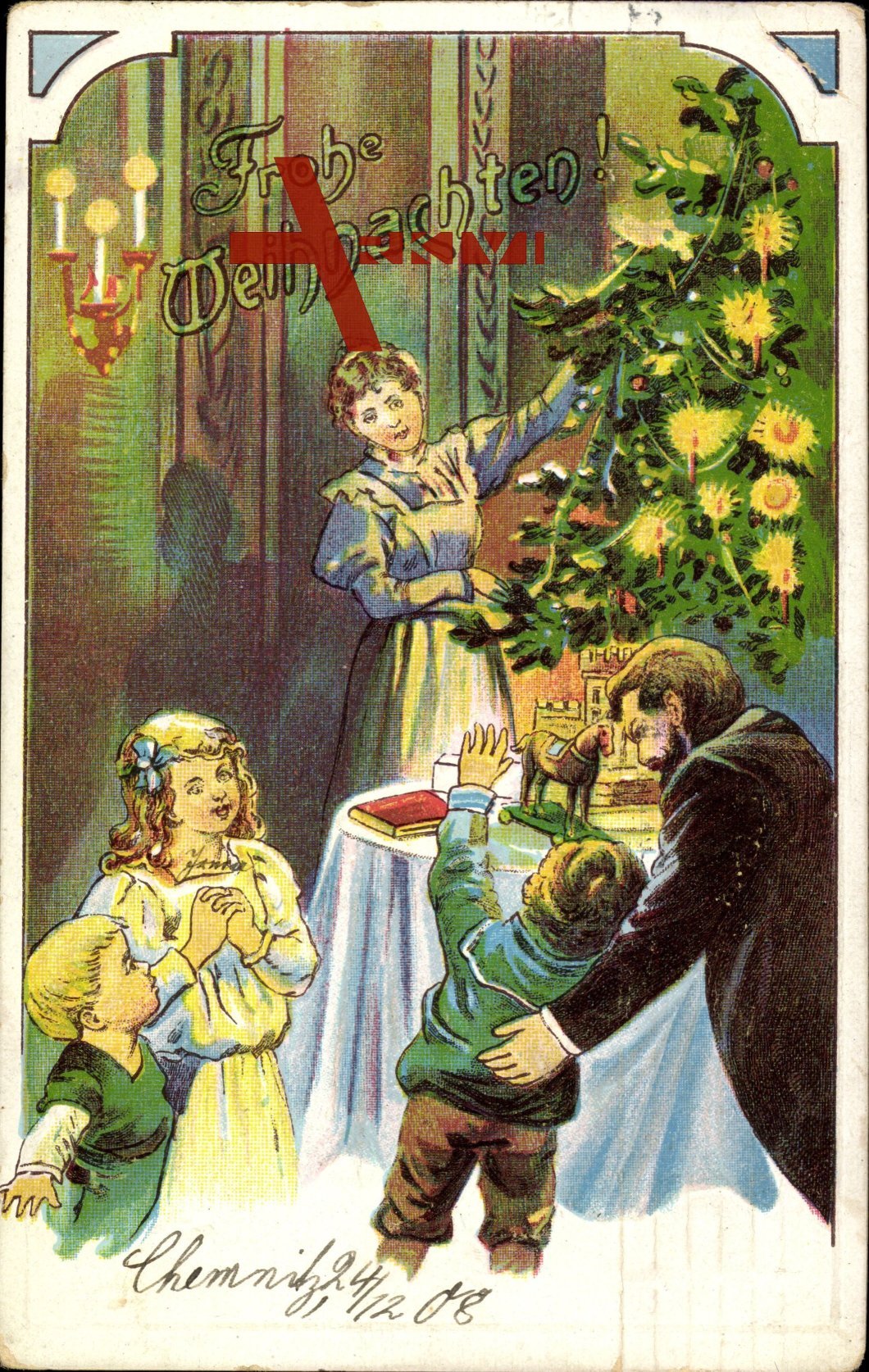 Glückwunsch Weihnachten, Tannenbaum, Familie, Spielzeug