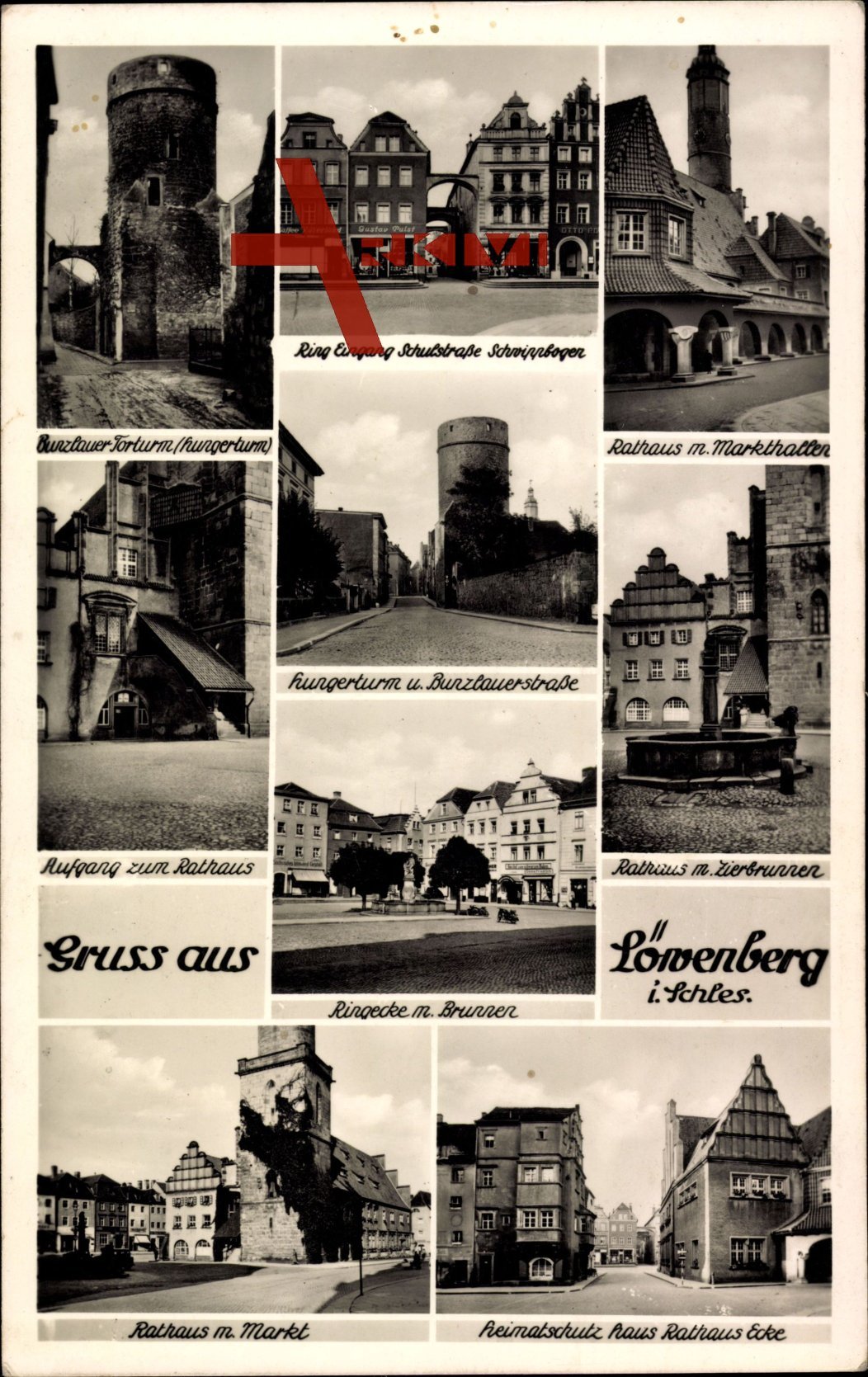 Löwenberg Schlesien, Rathaus, Schulstraße, Schwippbogen, Markthallen, Brunnen