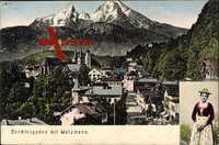 Berchtesgaden, Blick auf die Stadt mit Watzmann, Frau in Tracht