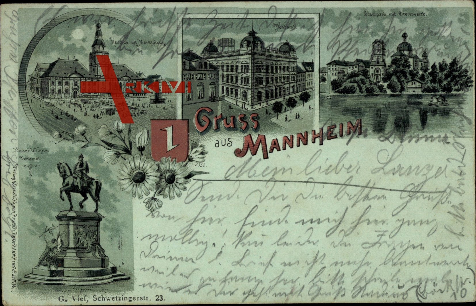 Mondschein Mannheim, Postamt, Stadtpark mit Sternwarte, Rathaus
