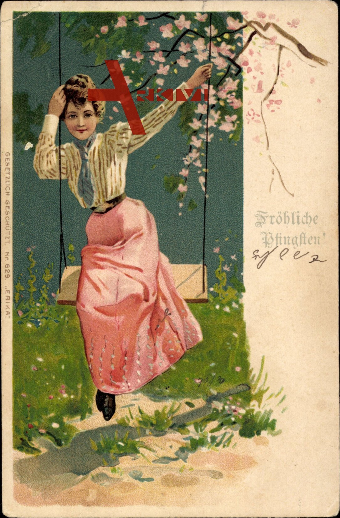 Glückwunsch Pfingsten, Frau auf einer Schaukel, Baumblüte, Frühling
