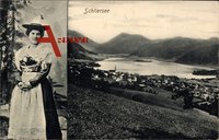 Schliersee, Gesamtansicht der Stadt mit See, Frau in Tracht