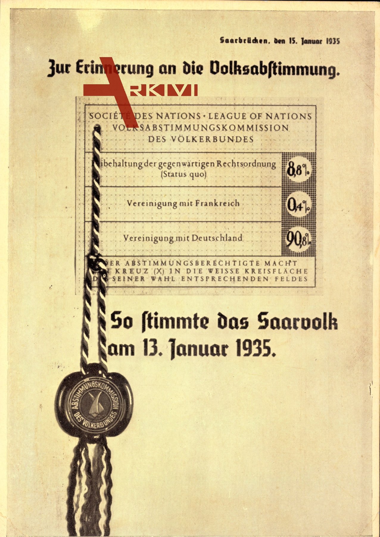 Saarabstimmung 1935, Vereinigung mit Deutschland, 90 Prozent, 13 Januar