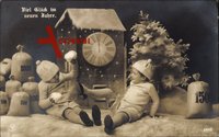 Glückwunsch Neujahr, Zwei Jungen, Schneebälle, Geldsäcke, Turmuhr, NPG 2646